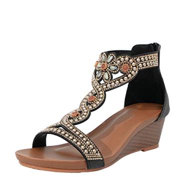 Imagem de WOJWSKI Sandália feminina de anabela, bico aberto, salto alto com zíper, plataforma nas costas, Preto 5, 10