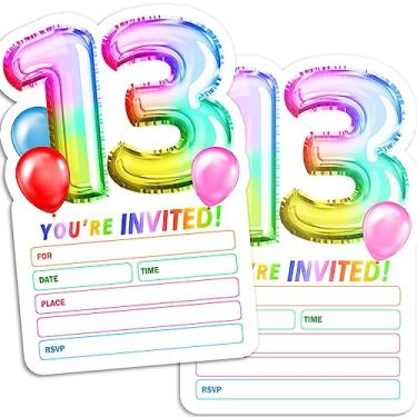 Imagem de Yangmics Direct Cartões de convite holográficos arco-íris festa de aniversário de 13 anos para crianças meninas meninos 30 convites com 30 envelopes 10 x 15 cm