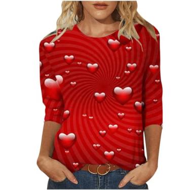 Imagem de Homisy Camisetas femininas vermelhas para o dia dos namorados, manga 3/4, casual, caimento solto, camisetas estampadas modernas, camiseta leve para férias, Vermelho, P