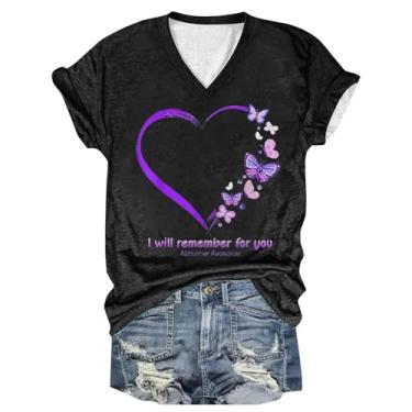 Imagem de PKDong Camiseta feminina de conscientização de Alzheimers, gola V, manga curta, roxa, estampa floral, camiseta feminina para o verão, Z08 Preto, M