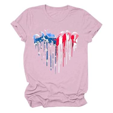 Imagem de Camiseta feminina com bandeira americana Dia da Independência Patriótica 4th of July Heart Graphic Tees Shirts Star Stripe Tops, rosa, G
