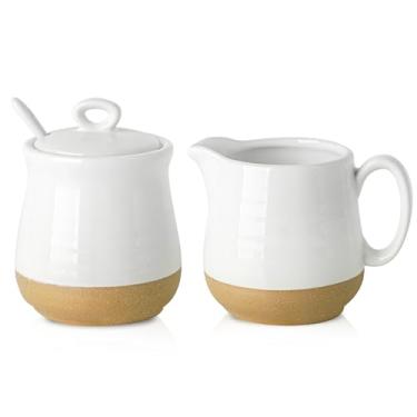 Imagem de Hasense Conjunto de açúcar e creme de cerâmica, conjunto de 3 peças de café com jarra de creme, açucareiro, tampa e colher, conjunto de açúcar e creme de 293 ml para café bar, perfeito para presente