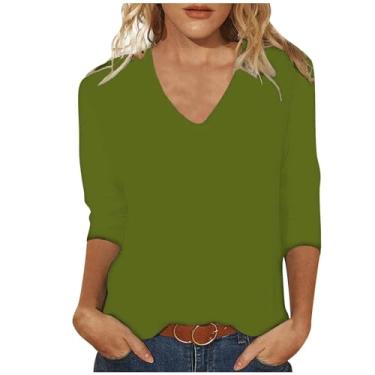 Imagem de Camiseta feminina de verão, cor sólida, manga 3/4, gola V, solta, casual, confortável, túnica para treino, Ag, GG