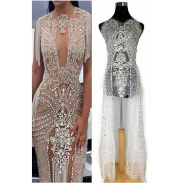 Imagem de Labellezalay Aplique de strass com corpete frontal completo, novo tamanho longo 115 cm x 35 cm, aplique de decoração de vestido de formatura de casamento DIY com brilho prateado (prata-B)