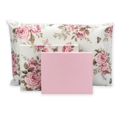 Imagem de jogo De Lençol Solteiro 3 Peças Estampado Percal 180 Fios Diversas Cores (Roseira - Rosa)