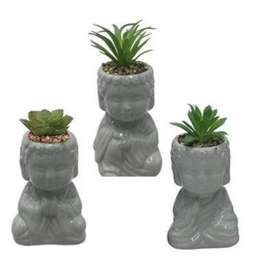 Imagem de Conjunto de 3 Vasos Decorativos em Formato de Buda com Planta Suculenta Artificial, Cinza ou Branco (Cinza)