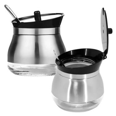 Imagem de Açucareiro Com Colher Revestido Aço Inox E Vidro Restaurante 300ml - C
