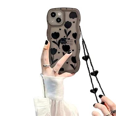 Imagem de Fycyko Capa compatível com iPhone 14/iPhone 13 com design de estampa de flores negras de simplicidade fofa para mulheres adolescentes e meninas para iPhone 14/13 + corrente de coração preto