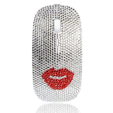 Imagem de Mouse sem fio Bling para meninas, mouse de computador coberto de strass de cristal austríaco com receptor USB, lábios vermelhos brilhantes para notebook, PC, laptop, MacBook