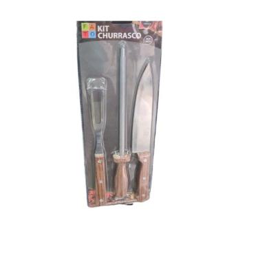 Imagem de Kit churrasco 3 peças em Aço Inox e madeira. Contém amolador de faca -