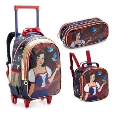 Imagem de Kit Mochila Rodinha Lancheira Estojo Feminina Menina Escolar Infantil Princesa Branca De Neve Denlex-Feminino