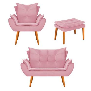 Imagem de Kit Namoradeira, Poltrona e Puff Fenzzi Pés Palito Mel Suede Rosa Bebê