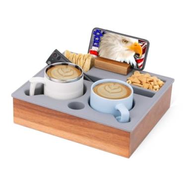 Imagem de Hitseon Suporte de copo de sofá, suporte portátil de silicone de acácia para sofá de madeira com suporte para 2 copos, bandeja de sofá com rotação de 360° para telefone e suporte de almofada, anulador