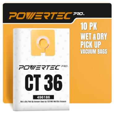 Imagem de POWERTEC Sacos de aspirador de pó PRO Premium Shop para sujeira úmida e detritos secos pacote com 10, para extrator de poeira Festool CT 36, para Festool 496186, 577084 Saco de filtro autolimpo, sacos