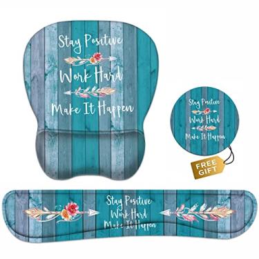 Imagem de Suporte de pulso para mouse pad e teclado Conjunto de descanso de pulso com porta-copos para manter o trabalho positivo duro e fazer acontecer citação inspiradora antiderrapante base PU Mousepad ergonômico para escritório em casa