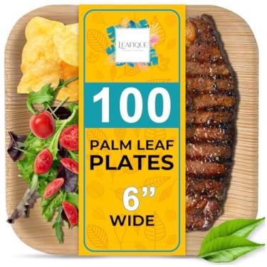 Imagem de Prato quadrado de folha de palmeira 100% natural de 15 cm (pacote com 100), utensílios de jantar compostáveis e biodegradáveis para bufê, aniversários, Halloween, churrascos, Ação de Graças,