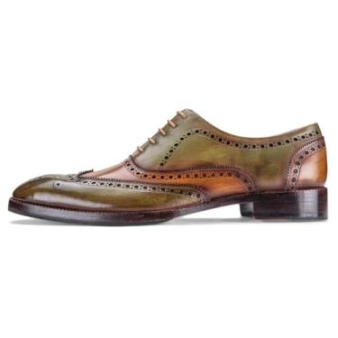 Imagem de Sapato social masculino Lethato Wingtip Brogue Oxford feito à mão de couro legítimo com cadarço, Verde, 10.5-11