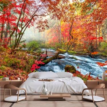 Imagem de Lcythiazole Murais de floresta de tamanho personalizado para outono folhas de bordo vermelho fluxo de floresta paisagem natural grande mural de fotos HD para quarto, sala de estar, banheiro