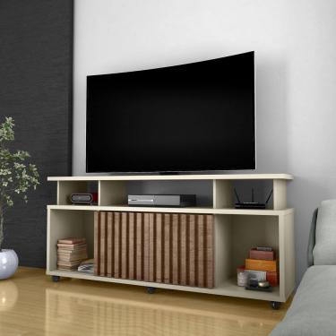 Imagem de Rack Bancada Sala com Pés de Rodinha e 2 Portas Ripada Dallas 160x72cm Off White/Canela