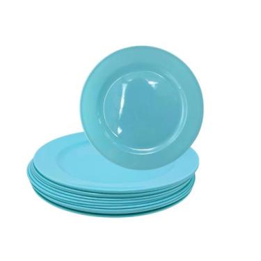 Imagem de Jogo 12 Pratos Rasos 25cm Azul de Melamina Refeição Festa - Ecos