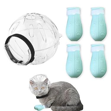 Imagem de SAVITA Capacete de bolha respirável para gatos com capas de pata de silicone, capuz ajustável para gatos verde claro e respirável, antimordida, focinheira para gatos, banho, depilação, aparar unhas