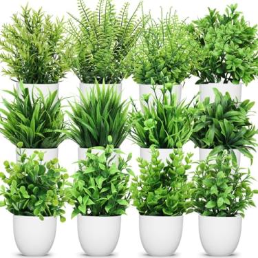 Imagem de LELEE Plantas artificiais mini vasos de plantas falsas, 12 peças de planta de grama decorativa falsa em vaso de eucalipto pequeno com vaso branco para decoração de casa, interior, escritório, mesa,