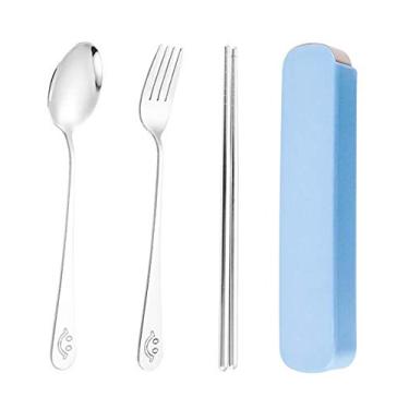 Imagem de WOIWO Conjunto de 3 peças de utensílios de mesa portáteis de aço inoxidável para viagens ao ar livre, garfo sorridente, colher, pauzinhos (azul)