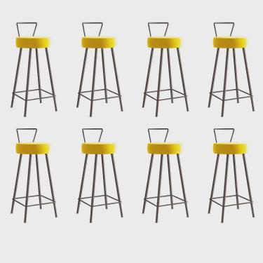Imagem de Kit 08 Banqueta Alta Com Encosto Tais Eiffel Cozinha Bar Bistrô Ferro Marrom Suede Amarelo - Ahz Móveis