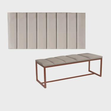 Imagem de Kit Painel Carla e Recamier Industrial 195cm King Size Box Ferro Bronze Sintético Bege - Ahz Móveis