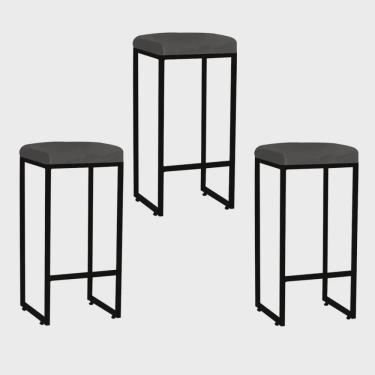 Imagem de Kit 03 Banqueta Alta Lara Para Cozinha Bar Balcão Bistrô Churrasqueira Ferro Preto Corino Cinza - Ahz Móveis
