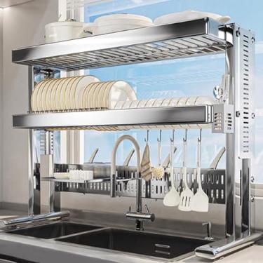 Imagem de Escorredor de louça grande sobre a pia, escorredor de pratos de aço inoxidável de grande capacidade de 2 níveis sobre a pia, organizadores de cozinha multifuncionais e escorredor de pratos de