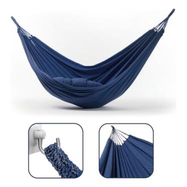 Imagem de Rede De Descanso Dormir Balanço Casal Jeans Reforçada Grande 3,8m x 1,5m - Ideal Para Camping, Hotel, Praia, Acampamento, Jardim, Varando, Sítio, Chácara, Apartamento, Viagem, Fazenda (Azul)