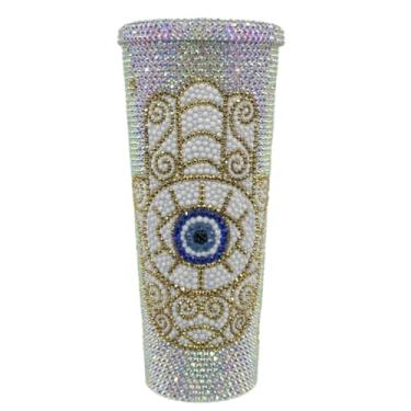 Imagem de zhmbysbk Copo de 680 g Sparkle AB Mixed Rhinestone Evil Eyes Moon & Sun Decore Tumbler com palha, lembrança/presente para mãe, amantes e professores