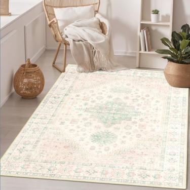 Imagem de MUJOO Tapete lavável de 7,5 x 12,5 cm, boho para quarto, entrada, sala de estar, banheiro, pequeno, antiderrapante, para ambientes internos, camada baixa, rosa claro e verde