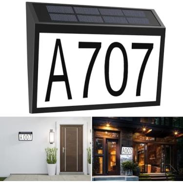 Imagem de Luz solar número de casa à prova d'água, placa de números de endereço de montagem na parede, ligar/desligar automático e letras e números personalizados, placas de endereço alimentadas por energia