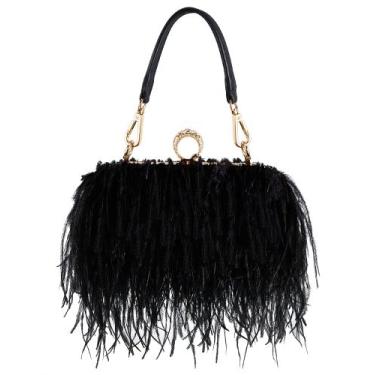 Imagem de Sacola feminina Tessco, bolsa fofa de penas de avestruz preta - Tessco