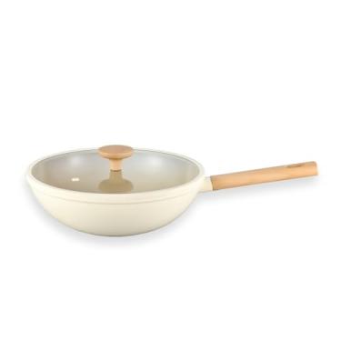 Imagem de Oikos - Panela Wok Antiaderente Cerâmico 28cm para Fogão por Indução, a Gás, Elétrico e Vitrocerâmico com Borda de Silicone Cor Bege Mou Nata