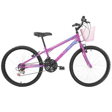 Imagem de Bike Aro 24 Feminina Colorida Divertida com Relação de Marchas 3x6 18V Freio V-Brake e Cestinha Dianteira Rosa,Pink