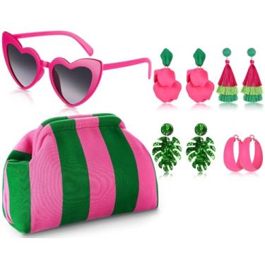Imagem de Tondiamo Pacote com 6 acessórios tropicais femininos listrados, bolsa clutch para óculos de sol, bolsa de bolinho de massa para férias na praia, Rosa, verde, 11.4 x 8.7 x 3.9 inches/ 29 x 22 x 10 cm