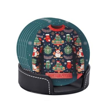 Imagem de Porta-copos para bebidas porta-copos de couro absorvente com suporte conjunto de 6 suéteres de Natal porta-copos engraçados tapete de copo para bebidas para mesa de café, xícara, mesa, bar, escritório