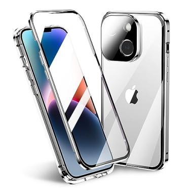 Imagem de KMXDD Capa magnética bloqueável para iPhone 15 Plus com trava de segurança, protetor de lente de câmera de vidro dupla face 360°, capa transparente (prata)