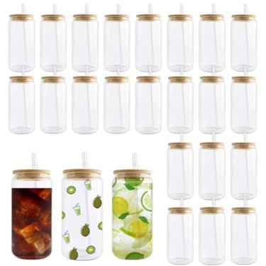 Imagem de Kocdam Copos de vidro de sublimação em branco com tampas e canudos de bambu conjunto de 25 xícaras de café gelado reutilizável de 473 ml, copos para beber latas de cerveja, copo fofo para smoothie,