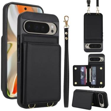 Imagem de Capa carteira de couro PU para Google Pixel 9 Pro XL, 4 compartimentos para cartão e 2 compartimentos para dinheiro, bloqueio RFID, alça destacável, capa com suporte antiarranhões e à prova de choque