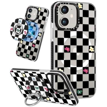Imagem de Lotadilo Capa fofa para iPhone 11 para mulheres e meninas - Design engraçado compatível com suporte magnético Magsafe com suporte de anel preto com estampa de flores negras capas de telefone TPU para