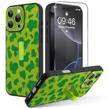Imagem de OOK Capa para iPhone 16 Pro Max com protetor de tela, linda estampa de vaca com alça de dedo ajustável, proteção total para mulheres e homens, capa de telefone verde