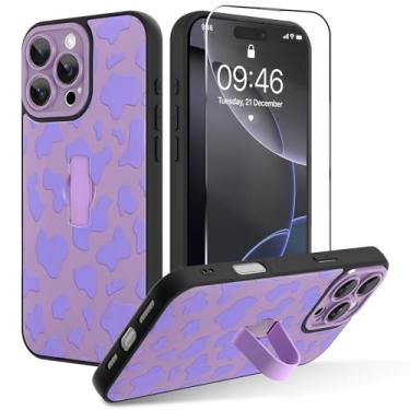Imagem de OOK Capa para iPhone 16 Pro Max com protetor de tela, linda estampa de vaca com alça de dedo ajustável, proteção total para mulheres e homens, capa de telefone - roxa