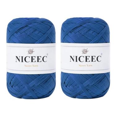 Imagem de NICEEC 2 novelos de fio de fita macia, ráfia fácil de crohcet, crochê e tricô, fio de fita de papel para embrulho de presente de artesanato faça você mesmo, comprimento total 4 ml × 2 - azul escuro