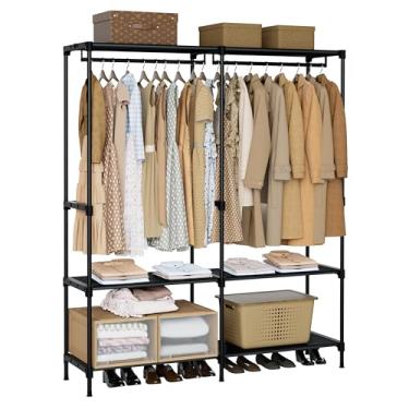 Imagem de CASAMAYA Suporte para roupas, armário portátil, armário de grande capacidade de 137 cm, organizador de armazenamento de roupas com prateleiras e 2 varões para pendurar, fácil de montar, preto
