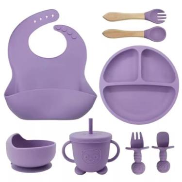 Imagem de Kit Introdução Alimentar Bebê 8 Peças Silicone Iniciação Para Alimentos Livre de BPA Atóxico Antibacteriano Seguro Sem Pontas Colher garfo copinho pote e pratinho (Roxo)
