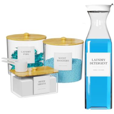 Imagem de Pacote com 3 + 1 recipientes de cápsulas de lavanderia, suporte para secadora e dispensador de detergente para roupa, organização de lavanderia e frascos de armazenamento com tampas, etiquetas e